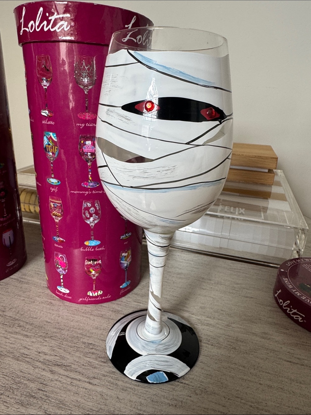 Lolita White, Black Mummy Halloween Hand-Painted Wine